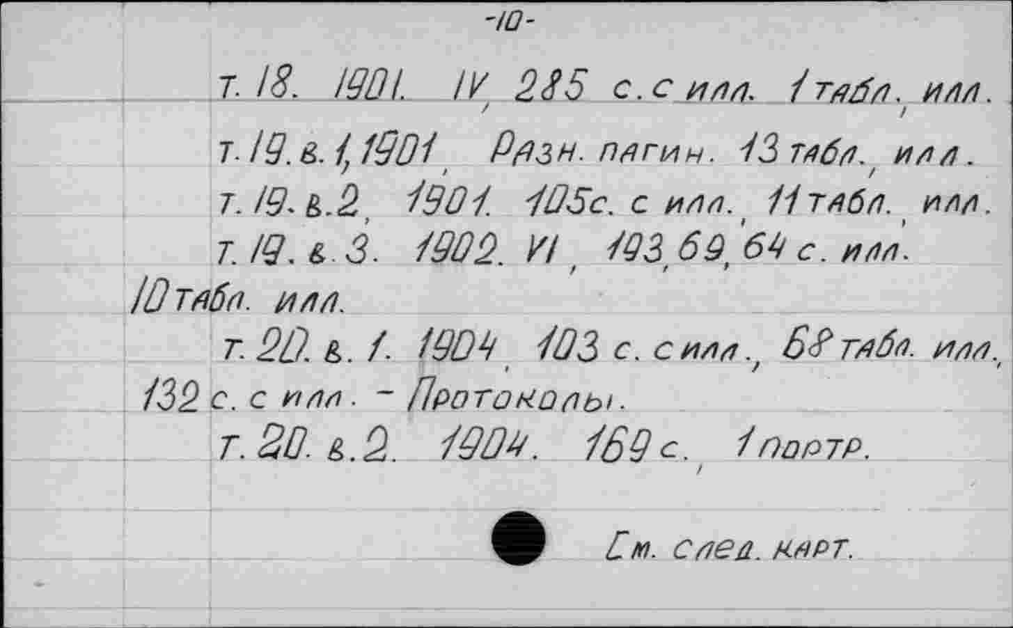 ﻿'Ю-
Т- 18. 1901. // 285 с.сипл. Ртмбл. илл. 1 !
119.&.1}1901, Р&ЗН. ПЯТИН. 83 тлбп. f ил л. т.І9ь.2, І90І. 805с. С ИЛЛ.) 11тлбл. нлл. т. 19. &.3. /902. // / PQ3, 69, 69 С. ИЛЛ.
Ютябл. ИЛЛ.
T.2Û. &. f- 190^ РОЗ с. СИЛЛ.' 58гябл. ИЛЛ., 132 с. с илл. - Протоколы .
т. 20. &.2 890^. РбОс. 1поотр.
/
О. и. слеп. КАРТ.